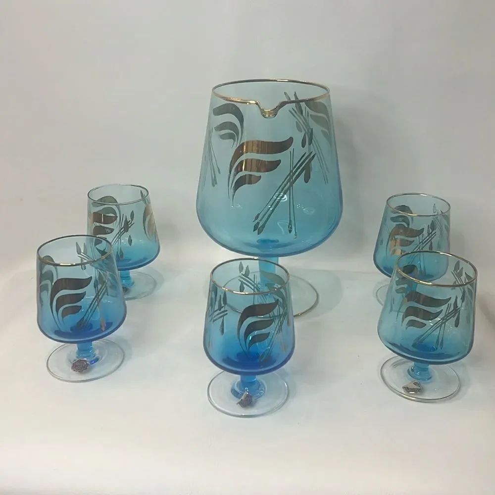 Italy Bar Spout Pitcher 5 Glass Vintage Cobalt Venetian Blue Hand Painted Gold